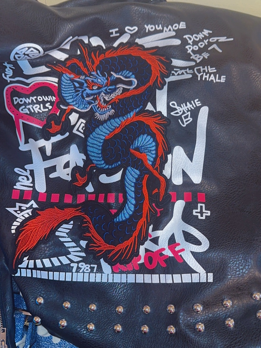 Black Faux-Leather Bomber Jacket with Blue & Red Dragon Artwork